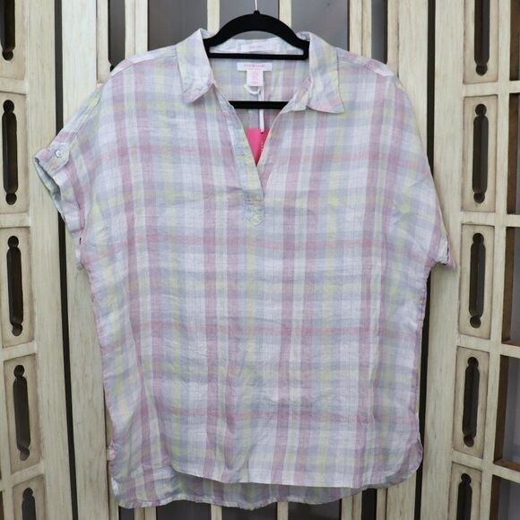 Isaac Mizrahi Plaid 100% Linen Top - Picture 1 of 5